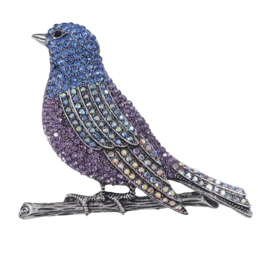 Blue & Lavender Iridescent Crystal Bird Brooch Pin
